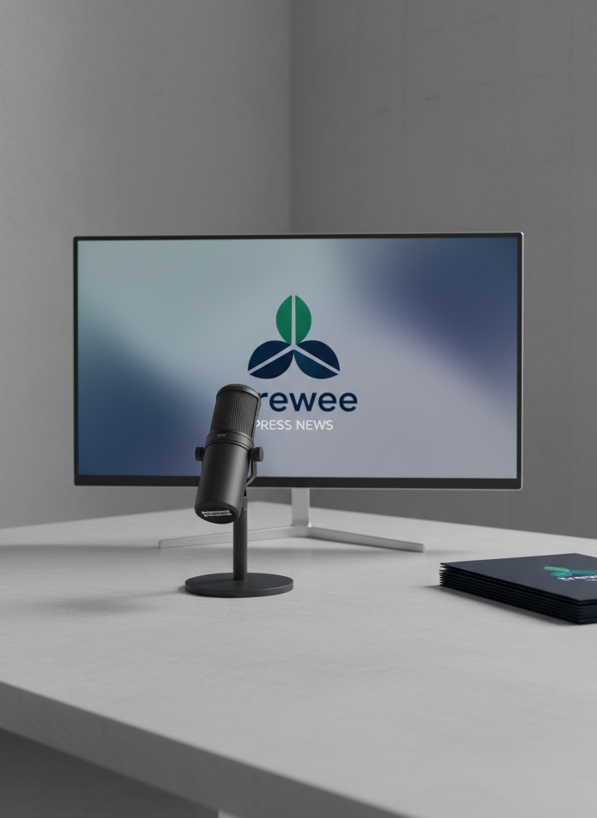 A minimalist press corner setup with a single high-end, matte-black microphone on a slim stand placed on a smooth, light concrete table. Behind it, a 4K monitor on a low-profile stand displays a sharp Treewee logo and the words “Press News” over an abstract, subdued gradient background. A neatly stacked set of branded, dark-navy folders with subtle gloss Treewee emblems sits to the side, partially in frame. Soft, controlled studio lighting from the front and slightly above ensures even illumination, casting a gentle shadow of the microphone onto the table. The scene is captured at a low, cinematic angle with a shallow depth of field, creating a focused, authoritative mood in clean, photographic realism, ideal for a press announcement article header.