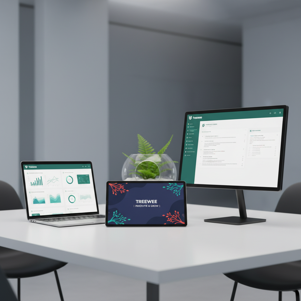 A collection of polished digital devices arranged on a white, matte-finish tabletop: a slim tablet, a lightweight laptop, and a bezel-less monitor, all displaying different Treewee interface screens such as product launch banners, analytics panels, and release notes. A small, minimalist glass terrarium with a single green plant introduces a hint of nature and color. The environment is an uncluttered, contemporary workspace with cool gray walls fading softly into blur. Bright but diffused studio lighting from above and slightly behind creates clear highlights along device edges without harsh reflections. Shot from a slightly elevated, wide-angle perspective with sharp focus across the frame, the mood is organized, transparent, and trustworthy, emphasizing photographic realism and a professional, corporate-ready visual style.