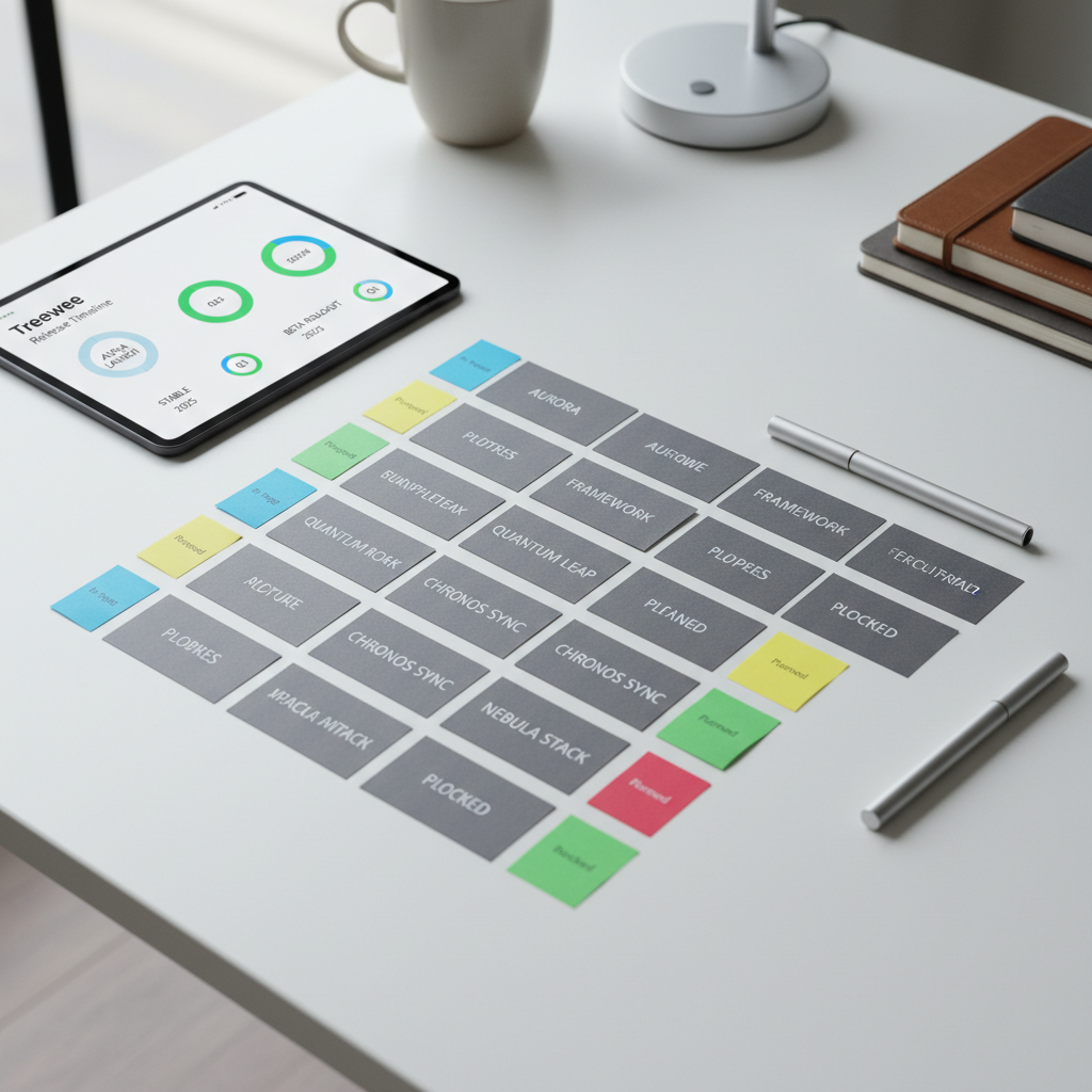 A close-up, overhead view of a meticulously organized roadmap board on a pristine white desk, featuring neatly aligned matte-finish index cards labeled with abstract feature names, color-coded sticky notes, and slim aluminum pens. A slim, dark-slate tablet in the corner shows a Treewee release timeline with milestones highlighted. The background falls off into a soft blur of neutral-toned workspace elements, keeping attention on the roadmap. Cool, indirect daylight from a nearby window washes across the surface, creating soft, linear shadows that suggest structure and clarity. The composition follows the rule of thirds with clean diagonals formed by note rows. The atmosphere is strategic and methodical, captured in crisp photographic realism that reflects a professional, product-focused blog announcing new releases.