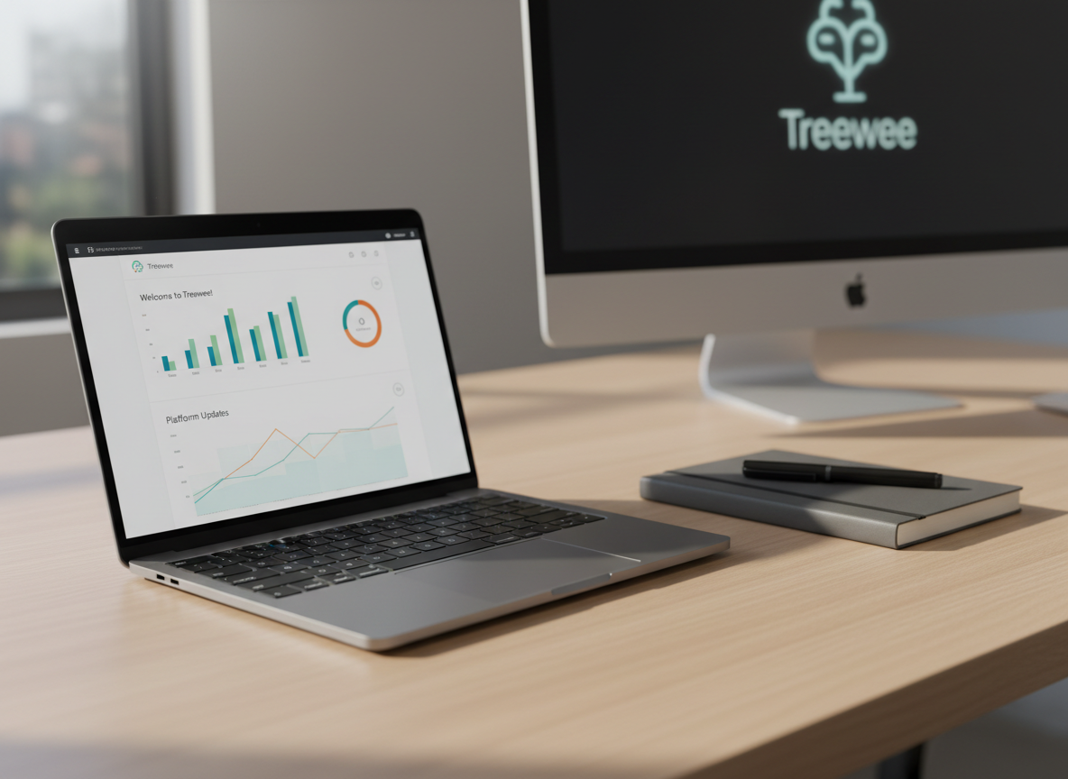 A sleek, matte-silver laptop open on a light oak desk, its screen displaying a clean product dashboard with stylized charts and update notifications for a platform called “Treewee.” Beside it, a modern graphite notebook and a finely textured black pen rest in precise alignment. In the background, a minimal workspace with a large, blurred monitor showing a faint Treewee logo adds depth. Soft morning daylight enters from the left, creating crisp yet gentle shadows and subtle reflections on the laptop’s metallic surface. Captured at an eye-level, three-quarter angle with shallow depth of field, the image feels professional, orderly, and forward-looking, rendered in photographic realism with a clean, modern aesthetic suitable for a tech product update blog hero image.